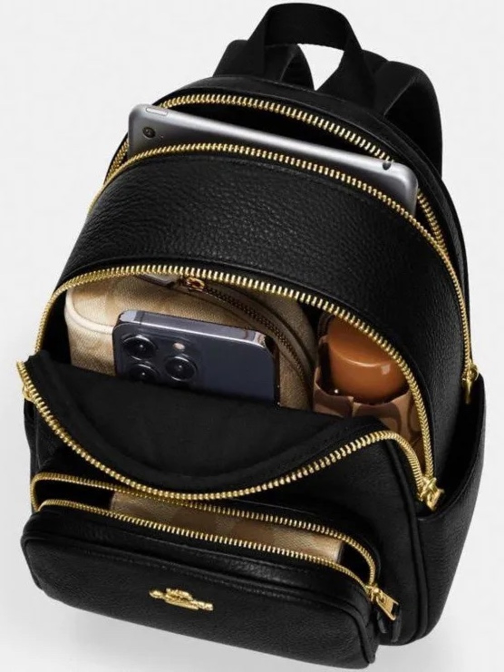 Coach Black Pebbled Leather Mini Backpack with Gold Logo